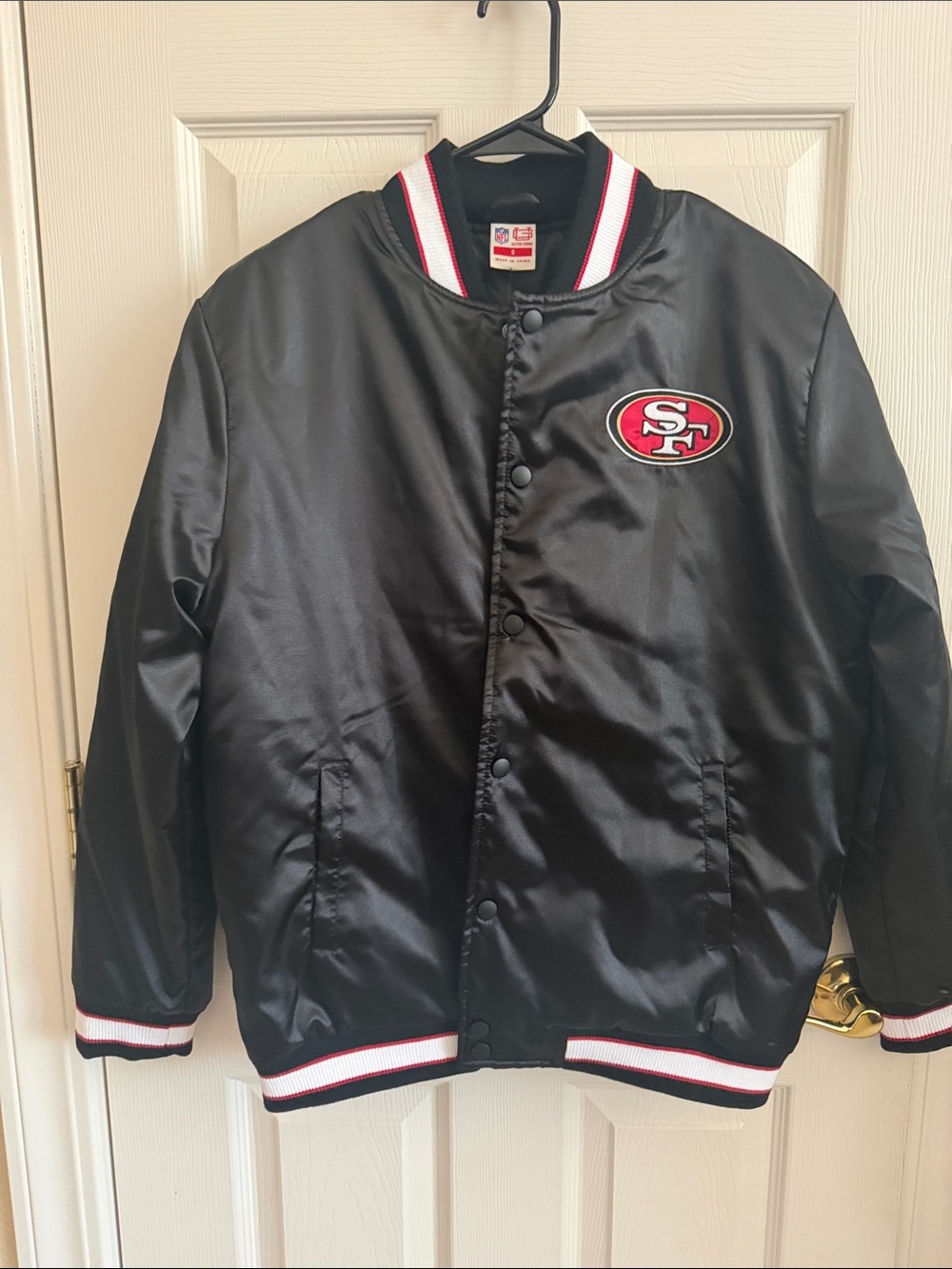 San Francisco 49ers Black Satin Bomber Jacket with Red & White Trim